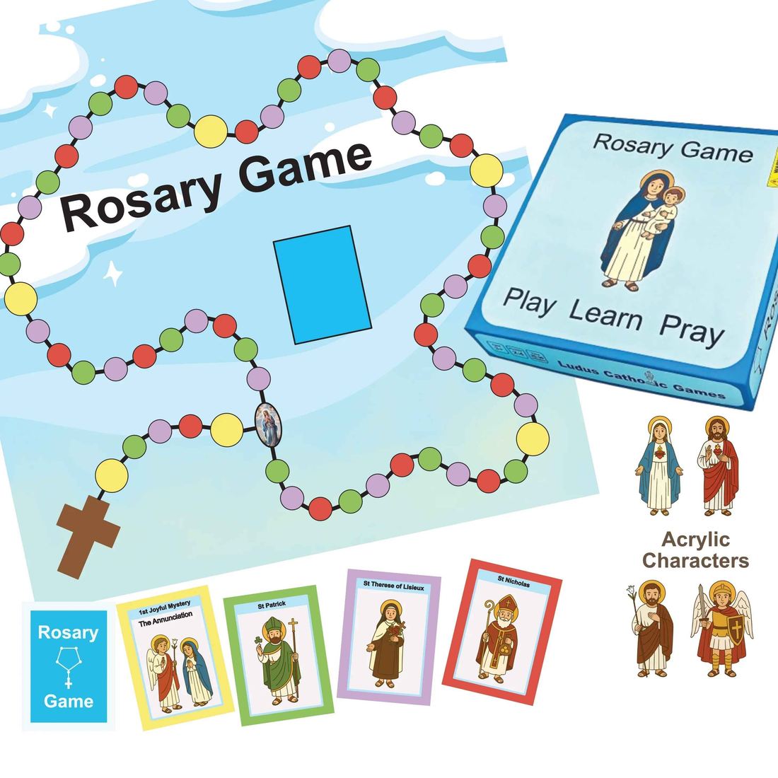 Rosary Game Catholic board game box with game board, saint cards, and player pieces