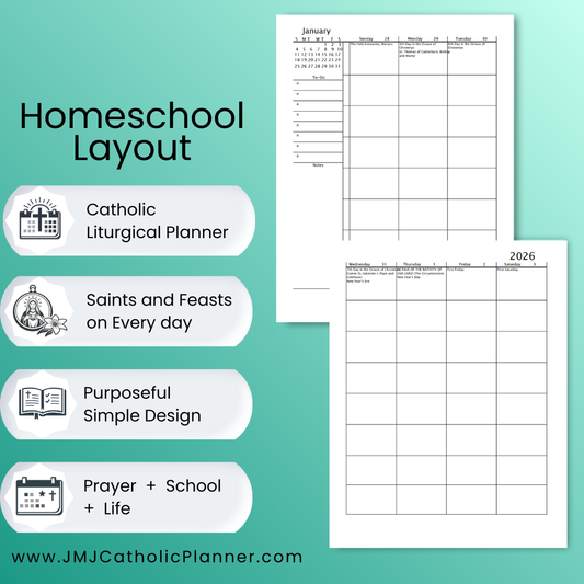 2026 JMJ Catholic Planner PDF Homeschool Layout | Printable Digital Planner, January-December 2026