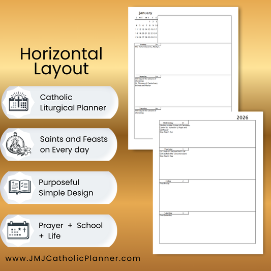 2026 JMJ Catholic Planner PDF Horizontal Layout | Printable Digital Planner, January-December 2026