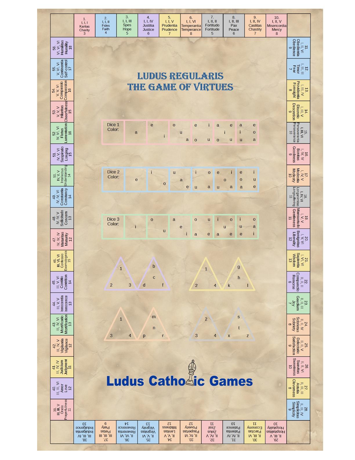 Free printable Catholic virtue board game PDF for kids