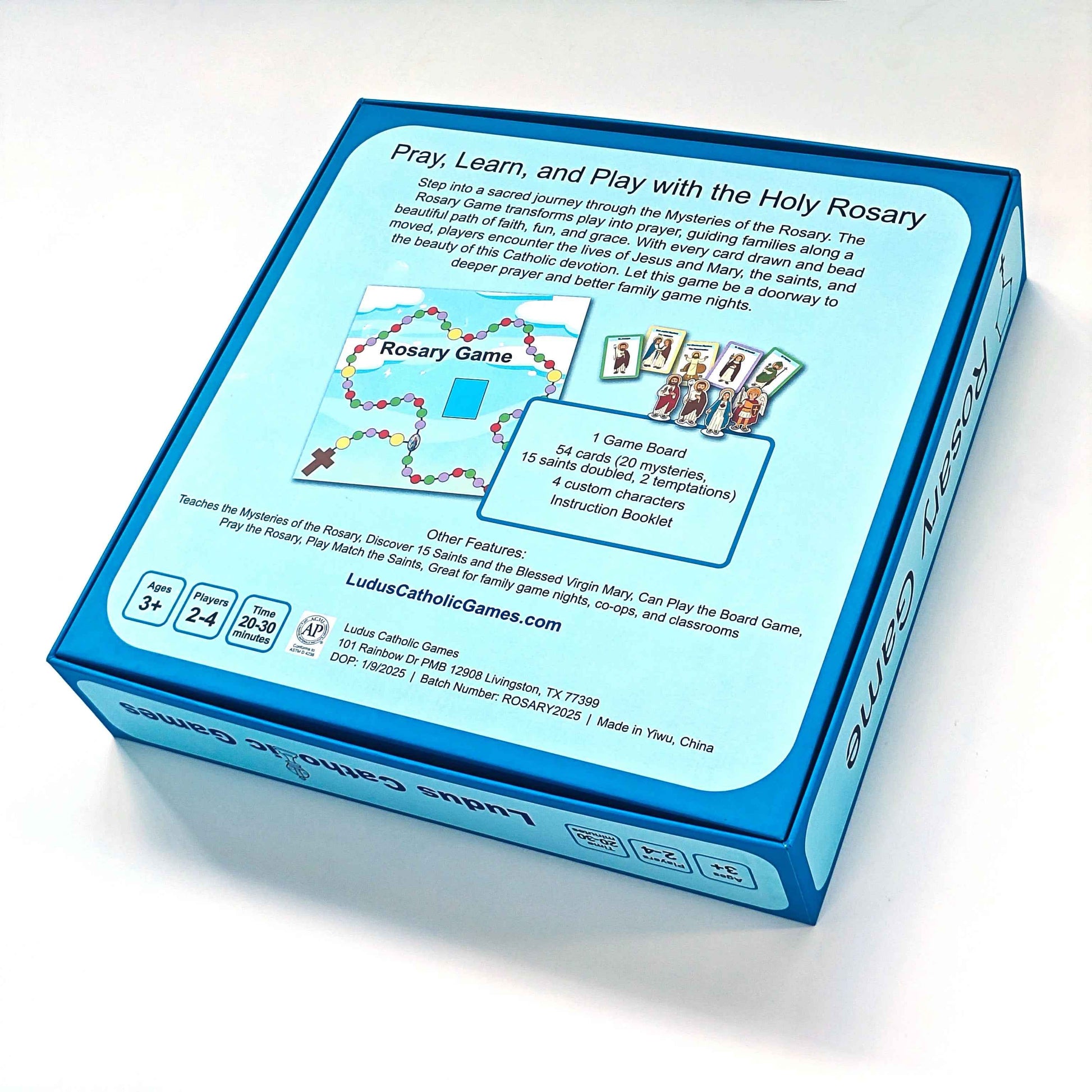Back of the Rosary Game box, a Catholic board game, showing what's included