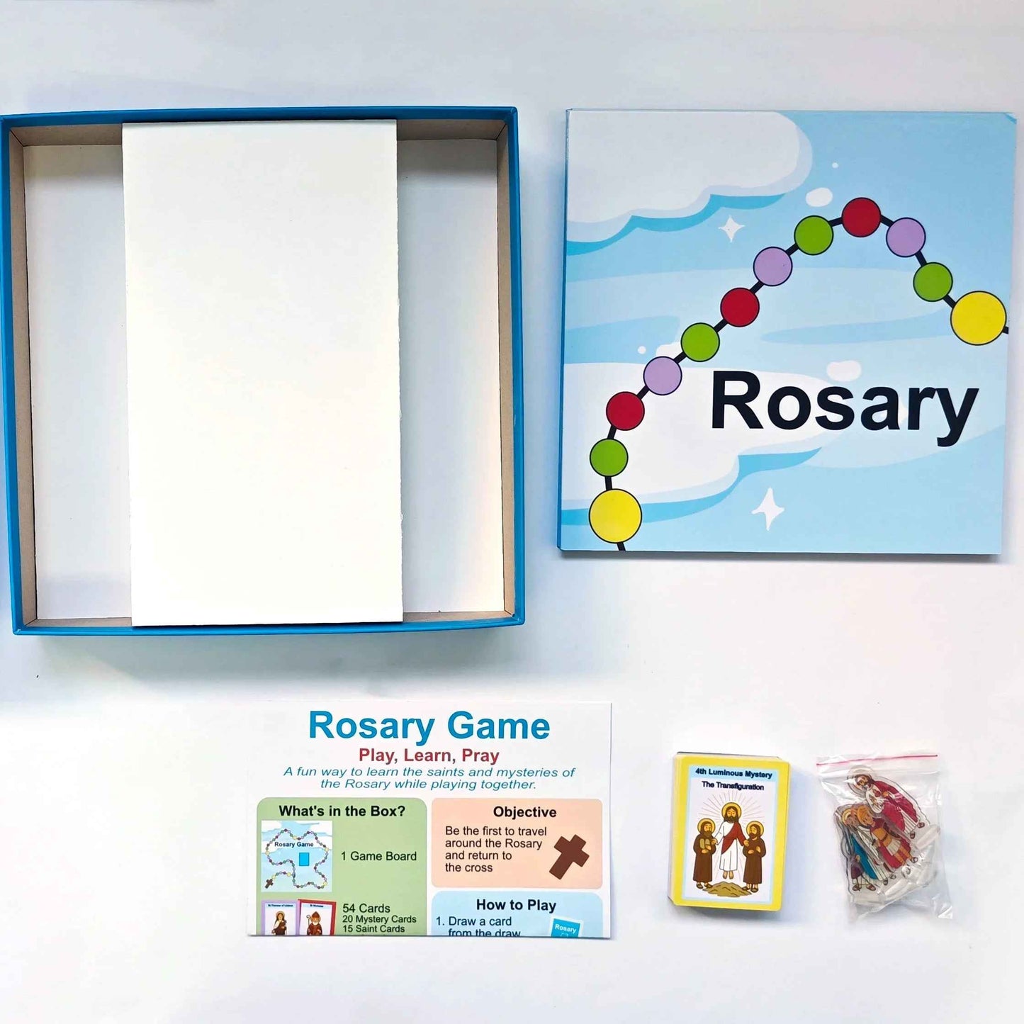 Rosary Game, a Catholic board game, contents including board, cards, and acrylic pieces