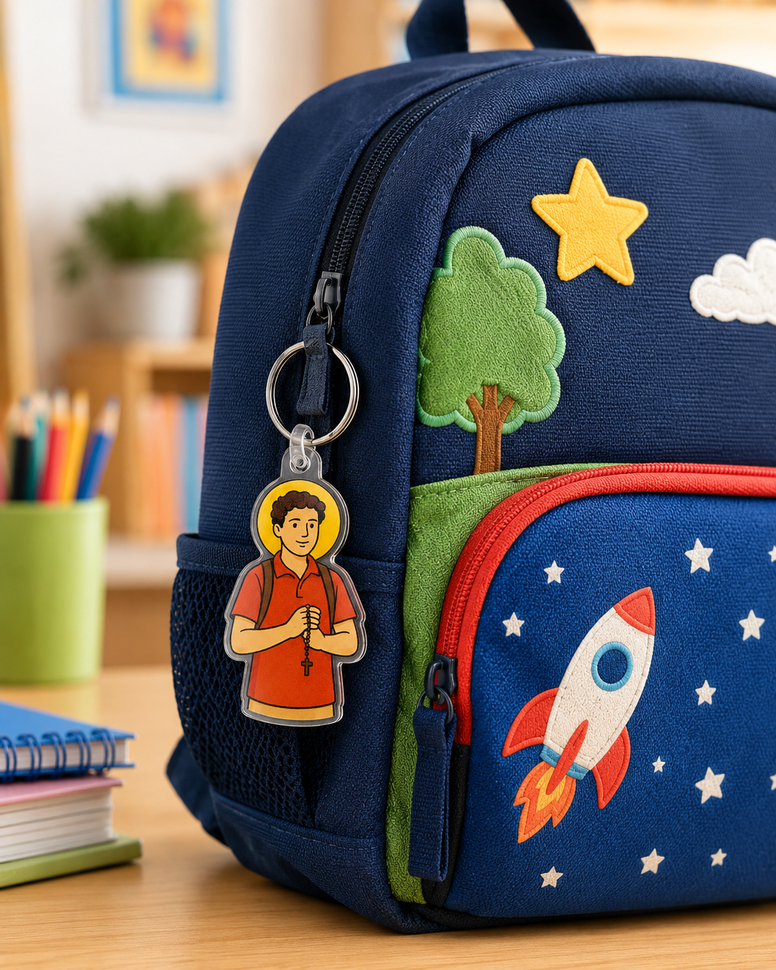 Saint Carlo Acutis keychain on a kids bookbag