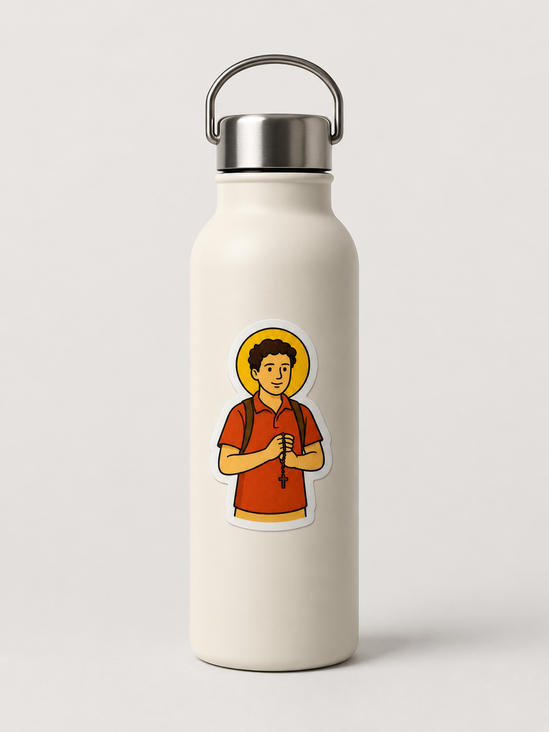 St. Carlo Acutis vinyl sticker on a water bottle